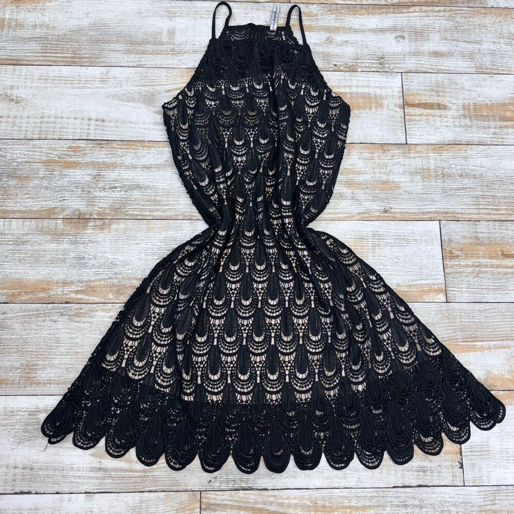 Rich & Beautiful Crochet Black Lace Mini Dress Nude Illusion L Lined Festival